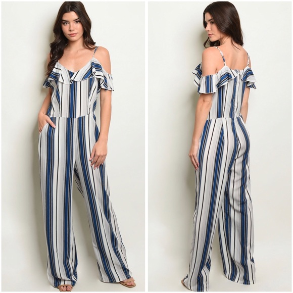 Pants - Striped flounce cami jumpsuit